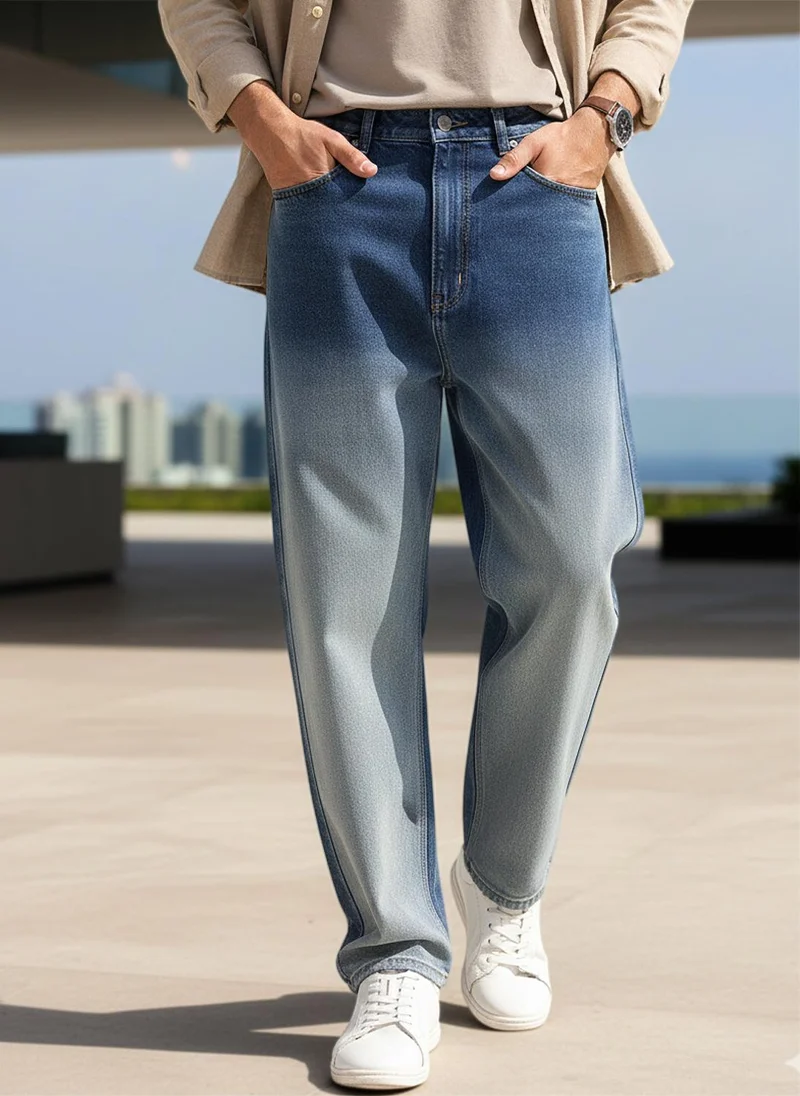 Urbano Fashion Men's Blue Loose Baggy Fit Heavy Washed Faded Denim Jeans Non-Stretchable